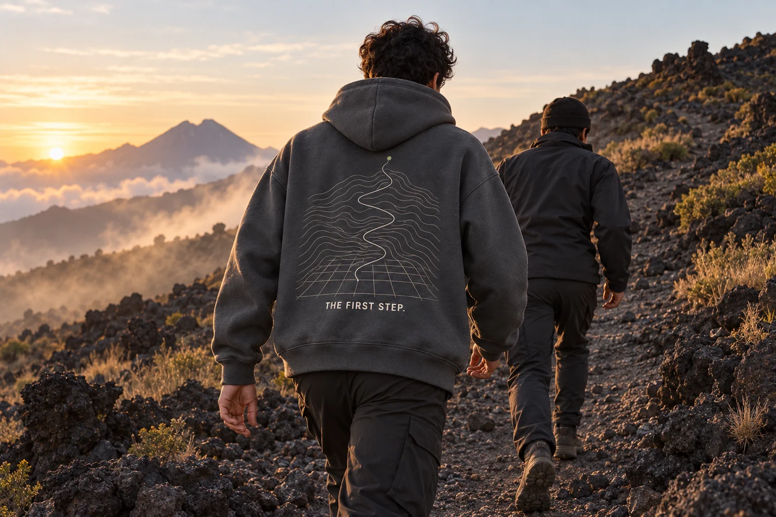 Dos personas subiendo un sendero; la gráfica posterior de The First Step Hoodie es visible